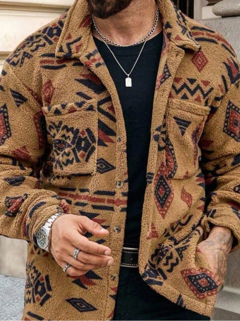 Men's Tan Patterned Sherpa Shacket - Cozy Aztec Print